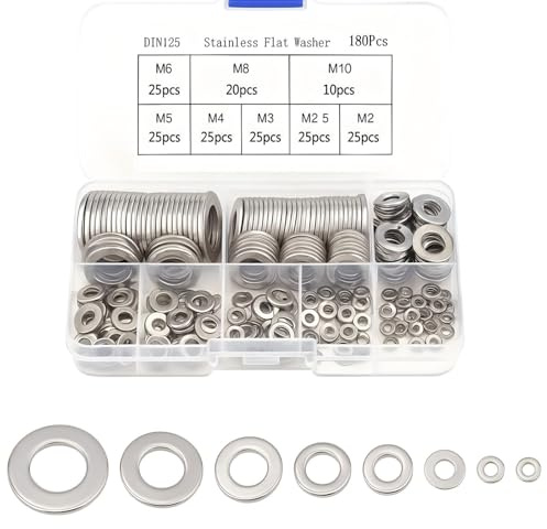 180 Pcs Washers for Screws, Washers for Bolts, 8 Sizes (M2, M2.5, M3, M4, M5, M6, M8, M10) for Household Repairs and Automotive