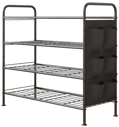 Dazioter Schuhregal 4 Ebenen Schuhaufbewahrung Organizer Metall mit Seitentaschen für Flur, Schlafzimmer (Schwarz, 4 Ebenen)