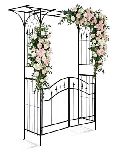 HOBBYZOO Rosenbogen mit Tür, Rosenbogen aus Metall stabil, 179 × 51 × 208cm | Einzigartige und elegante Flachdachkonstruktion, Rankgitter geeignet für Kletterpflanzen, Schwarz
