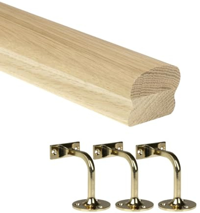 Jackson Woodturners Oak Cottage Loaf Handrail Kit 66x45mm Engineered Oak with Brass Wall Brackets – Various Lengths 1800mm 2400mm 3600mm 4200mm (1800mm + 3 Wall Brackets)