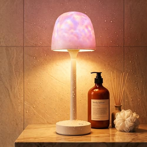 UPXNBOR Lampada da Tavolo e Doccia Senza Fili, 16 Colori, 2 Effetti con Paralume Sostituibile, Proiettore Onde Oceaniche, Luce da Bagno Touch e Telecomando, IP54, Batteria 5300mAh - DE