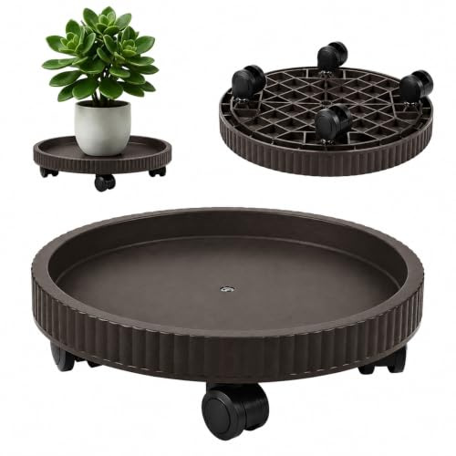 BUERPINKING Rodillo para plantas redondo de 40 cm, para exteriores, con ruedas, para uso en exteriores, con ruedas de 360°, para interiores, exteriores, color marrón y negro, 40 cm