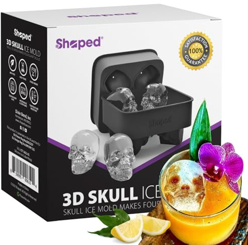 Flexible Eiswürfelform aus Silikon, 3D-Totenkopf, für vier riesige Totenköpfe, runde Eiswürfelbereiter (schwarz)