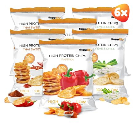 Supplify 6x50g High Protein-Chips Mix-Box in verschiedenen Geschmacksrichtungen (Paprika, Thai Sweet Chili, Sour Cream ´n Onion) - Low Carb Eiweißchips - Proteinchips kalorienarm, Fitness Snack