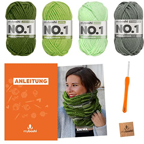 myboshi Häkelset Schlauchschal Eniwa, inkl. No.1 Wolle, Nadel und Anleitung, für Mützen und Schals, Häkelpaket, 30% Merinowolle Grau mit Häkelnadel