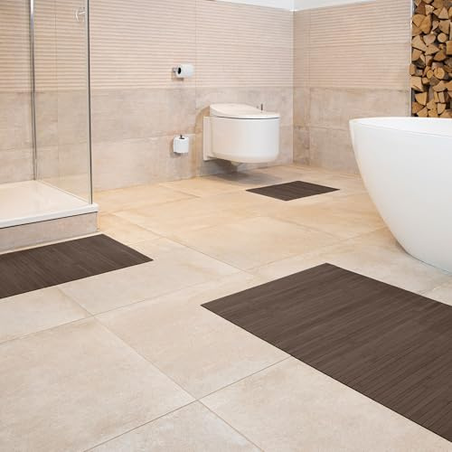 DE-COmmerce Bambus Badematte Lines im 3-er Set, Badteppich, Holzteppich, Bambusmatte, Badezimmer, rutschfest, Farbe: Mocha