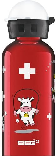 SIGG - Alu Trinkflasche Kinder - KBT Funny Cows - Auslaufsicher & Bruchsicher - Federleicht - BPA-frei - Klimaneutral Zertifiziert - Sport & Schule - Rot mit Kühen - 0,4L