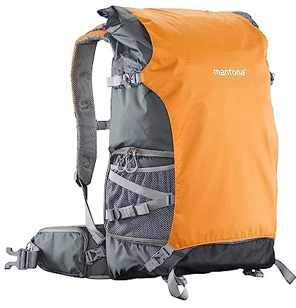 Mantona Kamerarucksack elementsPro 50 – Orange – 260 x 350 x 600 mm – professioneller Outdoor Fotorucksack – anpassbare Innenfächer, Regenhülle, viel Stauraum für 2 Kameras & Zubehör, bis 15 Zoll