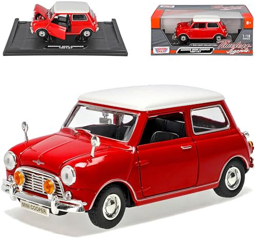 Motormax Morris Mini Cooper altes Ur Modell Rot mit weißem Dach 1959-2000 1/18 Modell Auto mit individiuellem Wunschkennzeichen
