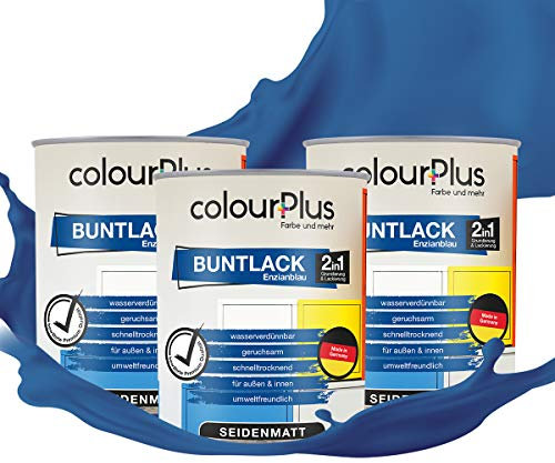 colourPlus 2in1 Buntlack Seidenmatt (2,25L Enzianblau/Blau RAL 5010) – Wetterfeste Holzfarbe Holzlack Küchenmöbellack. Getrocknet auch für Kinderspielzeug. Schnelltrocknend, Für Innen Außen