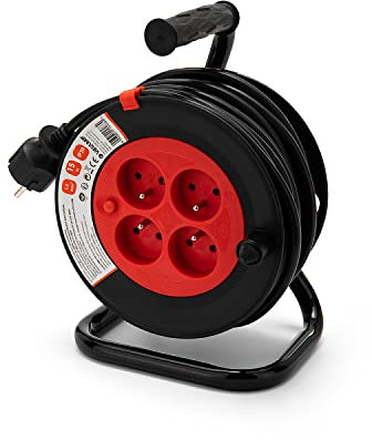 Velamp REEL-FR-15 Verlängerungskabel, 15 m, mit Kabeltrommel, 4 Steckdosen, 16 A, Abschnitt 3G1,5 mm2, Schwarz und Rot