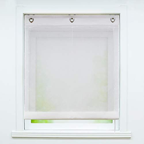 Joyswahl Weißes Ösenrollo in Leinen-Optik Leinenstruktur halbtransparentes Raffrollo Unifarbiges Schals Fenster Gardine mit Hakenaufhängung, ohne Bohren BxH 80x140cm 1 Stück