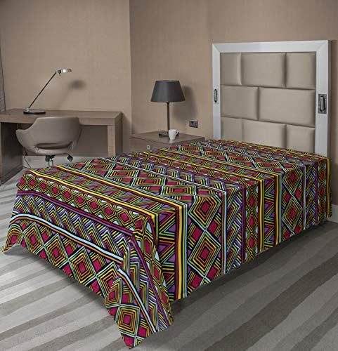 Ambesonne African Flat Sheet, Colorful Diamond Motifs with Angled Lines Lively Palette Geometric Borders, Soft Comfortable Top Sheet Decorative Bedding 1 Piece, TwinXL Size, Multicolor