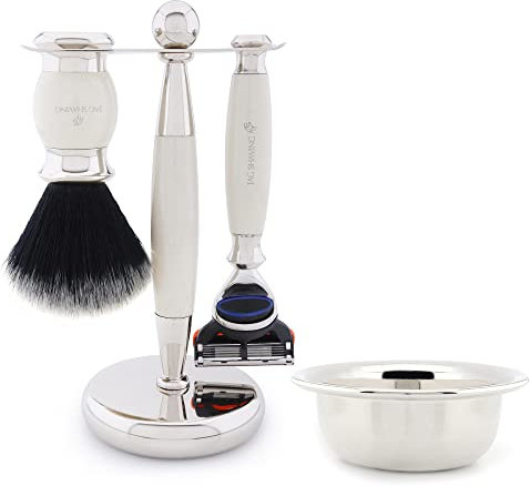 Jag Shaving Rasierset - 4-teiliges Rasierset - JAG's LEE Range - Schwarz Synthetikshaar Rasierpinsel - 5 Kante Rasierklingen Rasierhobel - Rasierschale - Rasierständer - Elfenbein Geschenkset