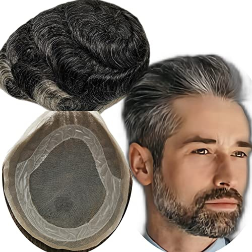 YANAHAIR Echthaar Toupet für Männer, Gewelltes Haar, Dünne französische Spitze, Natürlichen Haaransatz, Superfeine Schweizer Spitze, Schwarz und Grau, 8x10 Zoll