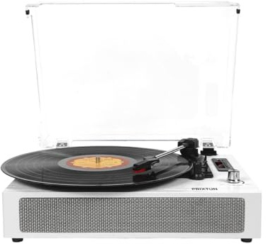 PRIXTON Vintage vinylskivspelare med Bluetooth Studio Deluxe, vinylspelare och omvandlare, Bluetooth, USB, SD-kort, Radio, 2 inbyggda högtalare, dammsäkert lock, vit