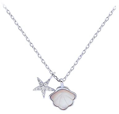 FRER Silberkette Damen,Muschelkette Für Damen S925 Sterling Silber Seestern Zirkonia Anhänger Halskette Zierlicher Trendiger Halsreif Zarte Halskette Kette Geschenkschmuck Für Ihre Mädels Paare