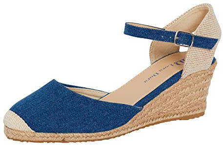 Lora Dora Sandales compensées en Toile de Jute pour Femmes avec Semelle à mémoire de Forme, Talons mi-Hauts, Espadrilles à la Mode avec Bride à la Cheville pour l'été, Bleu Jean, 39 EU