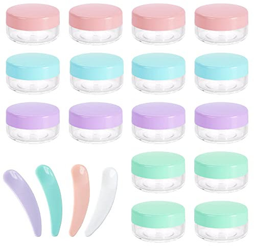 XHNFCU Leere Kunststoff-Kosmetikdosen und 4 Mini-Spatel, Reise-Mini-Töpfe mit Deckel, Probentöpfe für Mini-Toilettenartikel für Cremes, Lotionen, Proben, Kosmetika (4 Farben)