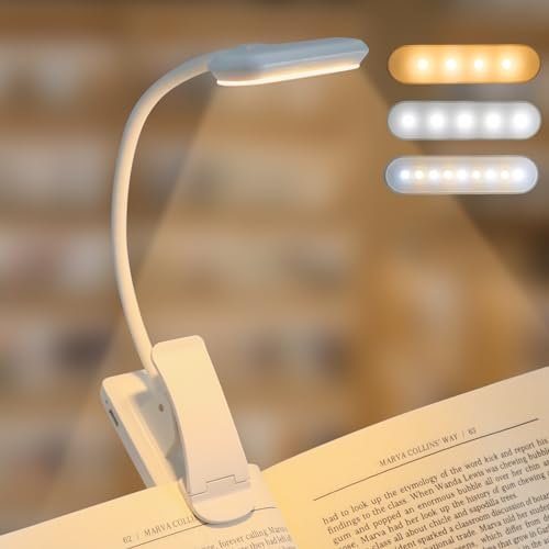 Luce da Lettura con Pinza, Lampada da Lettura Ricaricabile USB con 9 LEDs, 3 Temperature di Colore, Dimmerabile Senza Livelli, Portatile, per Luce Lettura Libro Notturna, Portatili, Bambini(Bianco)