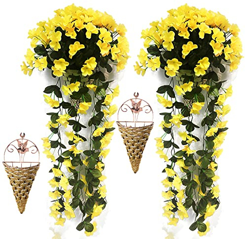 2 Pcs Artificial Hanging Baskets Outdoor With Flowers, Hanging Baskets With Flowers For Garden Wall Fence Wedding Balcony Outdoor Inside Door Decoration,Yellow