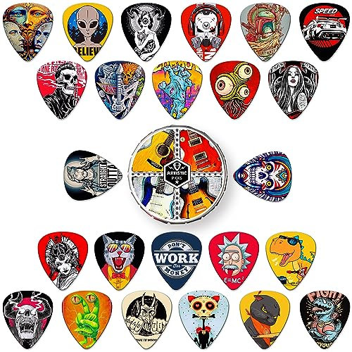 Plektren Gitarre 24 Stück 0.46/0.71/0.96/1.20mm Gitarren Plektrum 4 Verschiedene Stärke Guitar Picks,Plektrum Personalisiert für Akustikgitarre, E-Guitar, Bass,Ukulele (Mix-1)