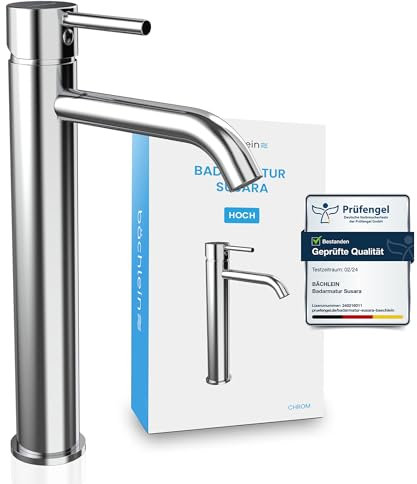 Bächlein Rubinetto da bagno Susara alto con beccuccio curvo, design extra alto, miscelatore monocomando per lavabo, con cartuccia in ceramica durevole e kit di montaggio, cromato