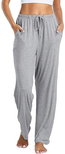 Vlazom Pantaloni del Pigiama Donna Modale Lungo Pantaloni da Notte con Tasche Pantalone Lunghi Morbidi，Grigio Chiaro，M