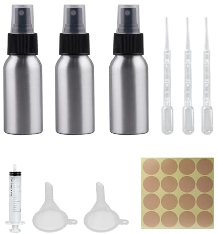 ATBUSS Lot de 3 flacons pulvérisateurs de 50 ml avec 1 autocollant d'étiquette, 2 entonnoirs, 1 seringue, 3 compte-gouttes, mini vaporisateur en alliage d'aluminium, flacon distributeur de liquide de