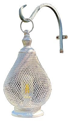 30cm (Tall) Hanging Garden Lantern Decoration Large Battery Powered LED Decorative Light Outdoor Vintage Rustic Industrial Metal Wire Table Ornament