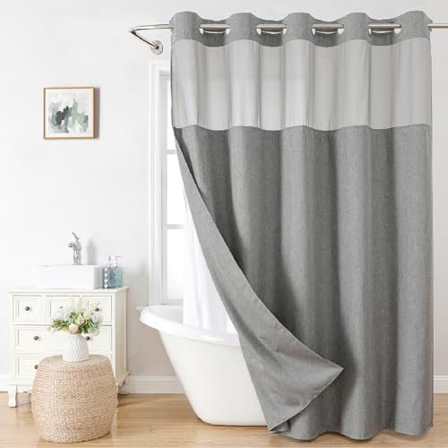 eachope No Hooks Needed Linen Textured Shower Curtain with Snap-in Fabric Liner Set,Hotel Luxury Decor Shower Curtains for Bathroom with See Through Top Window,Waterproof & Washable,71Wx74H,Gray