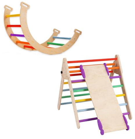 BommJokker 3 IN 1 Kletterdreieck mit Rampe kletterdreieck mit rutsche, kletterbogen, pikler dreieck klettergerüst Indoor (Mehrfarbig)