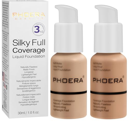 PHOERA Foundation,PHOERA Grundierung Makeup Concealer Full Coverage, Anti Aging Hydrating Serum with matte Natural lightweight Finish (104+105/Buff Beige+ Sand)