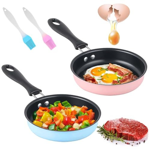 Mini Pfanne 12 cm, 2 Stück Kleine Bratpfanne Antihaft Mit Silikonbürste - Hitzebeständig für Camping, Kochen, Induktionsherd (Fliegende Kante)