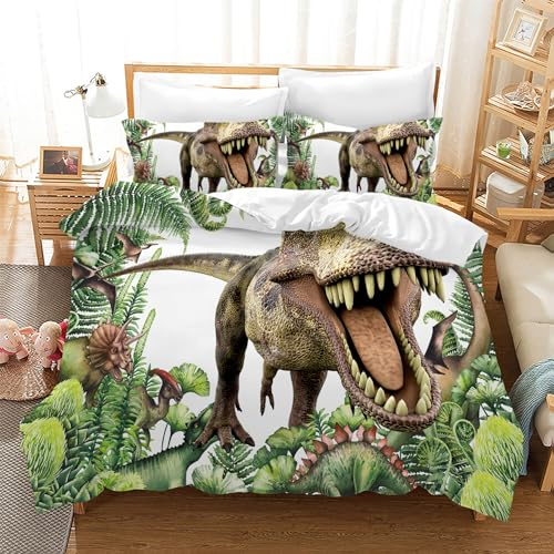 Leleyouzer Housse de Couette Dinosaure 220×240 cm,Linge de Lit pour Enfants,Motif Dinosaure 3D,Housse de Couette en Microfibre et 2 Taies d'oreiller 50 x 75 cm(Dinosaure 5)