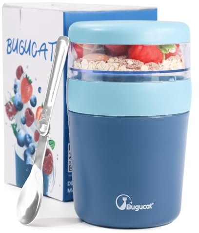 Bugucat Tazza Yogurt to Go, Tazze Cereali 500ML+150ML, Portatile Cucchiaio Tazza Contenitore Yogurt con Cucchiaio, Plastica Tazze Cereali, Yogurt Frutta Contenitore, Tazza di Muesli To Go, Blu