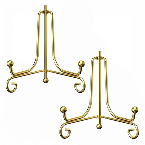 Porte Assiette, 2 Pièces Chevalets Presentoir Carte Postale Présentoir Livre Porte Carte Postale Support Assiette Decorative, Cadre Photo, Medaille et Livre, 6 Pouces Or