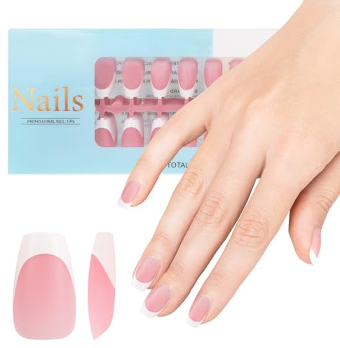 JSRQT 240 Pièces Faux Ongles Française, Cercueil Court French Press on Nails, Faux Ongles Artificiels Capsules Ongles Gel, X-Coat Tips Stick Ongles Courts French Nail Art DIY pour Femmes Filles, Rose