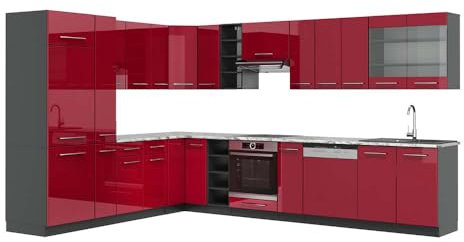 Vicco Eckküche Fame-Line, Bordeaux Hochglanz/Anthrazit, 347 x 60 cm mit Arbeitsplatte, für Flexible Küchenplanung und modulare Erweiterung
