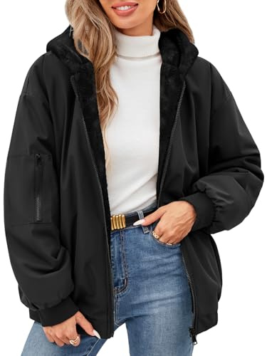 Tuopuda Womens Winter Jackets Thermal Zip Up Coat with Hood Casual Reversible Parka Jacket Windproof Warm Fleece Winter Coat Outdoor Jacket(Black,S)