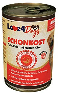 Love4Dog´s Nassfutter SCHONKOST für ausgewachsene Sensible Hunde | 6x400g | Pute mit Reis und Hüttenkäse | Hundenassfutter | Alleinfutter | ohne Zusatzstoffe