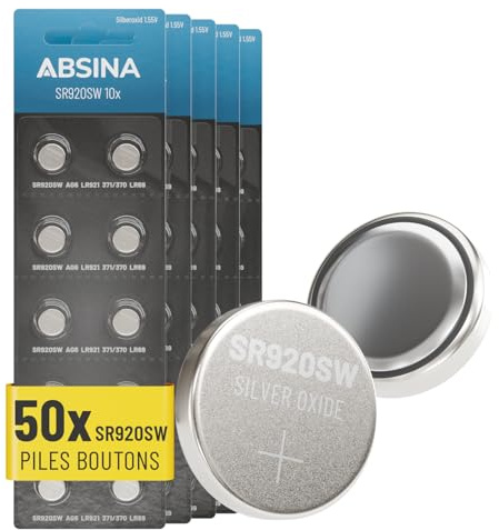 ABSINA 50er Pack SR920SW Uhrenbatterie 1,55V Silberoxid - LR921 371 370 AG6 | Uhren Knopfzelle LR69 SR920SW auslaufsicher & lange Haltbarkeit - Batterie SR 920 SW 1,55 Volt