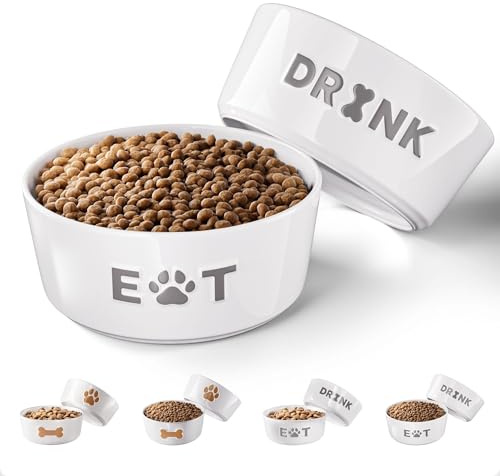 Keramik-Hundenapf, 2er-Set, mit rutschfester Unterseite, 16,5 cm breit x 6,3 cm hoch, Keramik, mittelgroße Hunde, 3 Tassen, Futter- und Wassernäpfe für Hunde, Gummi-Unterseite, 2 Stück, mittlere Größe