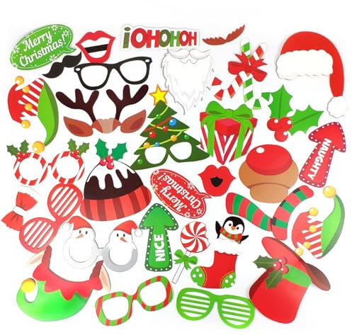 Lamkrtlp 32 Stücke Weihnachtsfeier Fotorequisiten, Fotoaccessoires, Foto Booth Props Kit, Frohe Weihnachten Party Dekoration, Brillen, Xmas Party Photo Supplies