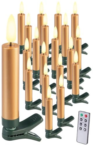 Lunartec Weihnachtsdekos: 20er-Set LED-Weihnachtsbaumkerzen mit Dochten und Flammen-Effekt, Gold (Weihnachtsbaumbeleuchtung, Weihnachtsbeleuchtung, Weihnachtsbaum)