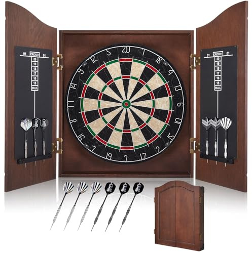 Yirinatek Sisal Dart Board Cabinet Sets, Decorative Dart Boards for Adults [6*Steel Darts] - Wooden Dartboard Cabinet with Integrated Scoreboard for Family Game Rooms (Coffee)