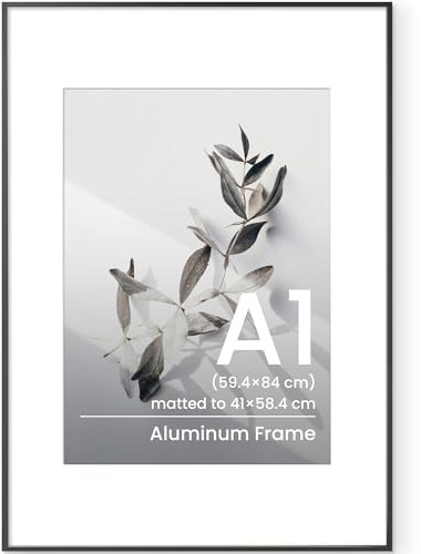 Cadre photo A1 en aluminium noir A1 (59,4 x 84,1 cm) avec supports pour format A2 (41 x 58,4 cm), cadre photo avec verre trempé à accrocher en orientation portrait ou paysage