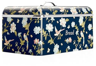 VQ Laura Ashley Large Bread Bins for Kitchen with Removable Lid Bread Storage Containers for Freshness & Style - Stainless Steel BreadBin with Hand-Applied Designer Print - Elveden Navy