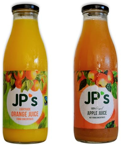 JP Juices Fairtrade Orange Juice 6 x 750ml / JP Juices Pressed Apple Juice 6 x 750ml - No Added Sugar or Sweeteners - 100% Natural - Vegan Friendly