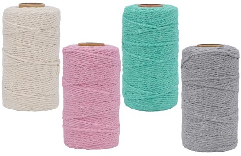 FOGAWA 4er Set Makramee Garn 2mm x 100m Baumwolle Makramee Schnur Baumwollgarn Kordel Baumwollseil Bastelschnur für DIY Pflanzenaufhänger, Weben Dekoration(Grau + Beige + Hellblau + Rosa)
